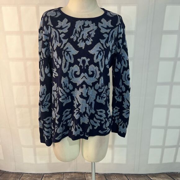 Chico's Blue Metallic Floral Knit Crew Neck Sweater Top Size 2 or Large - Picture 1 of 11